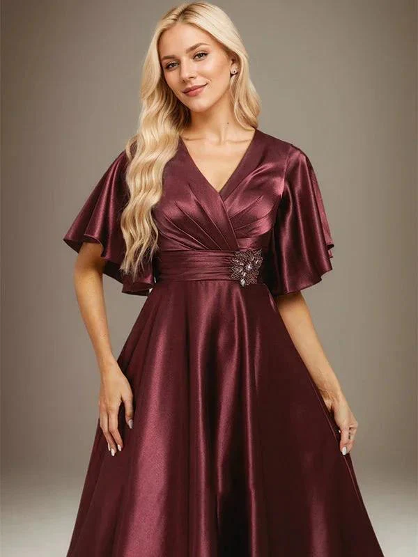 A-line V-Neck Tea-Length Stretch Satin Mother of the Bride Dress With Beading Pleated - Image 5