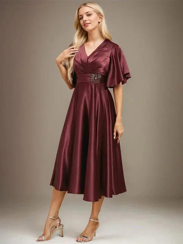 A-line V-Neck Tea-Length Stretch Satin Mother of the Bride Dress With Beading Pleated - Image 6