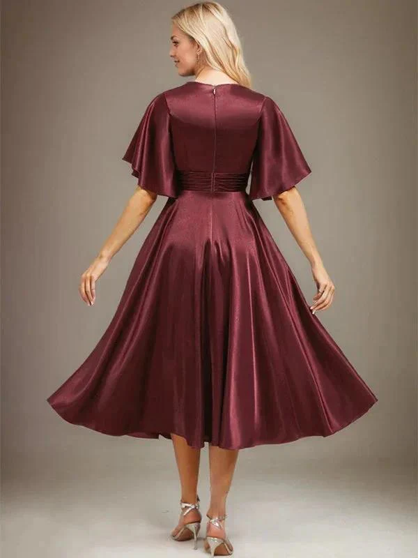 A-line V-Neck Tea-Length Stretch Satin Mother of the Bride Dress With Beading Pleated - Image 7