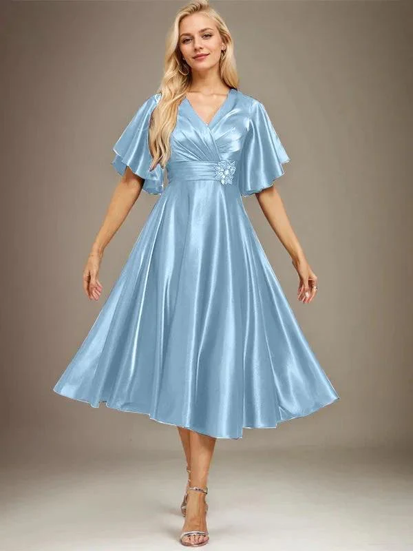 A-line V-Neck Tea-Length Stretch Satin Mother of the Bride Dress With Beading Pleated - Image 9