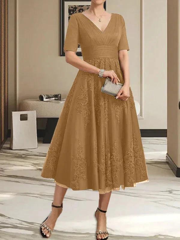 A-line V-Neck Tea-Length Tulle Lace Mother of the Bride Dress With Pleated - Image 10