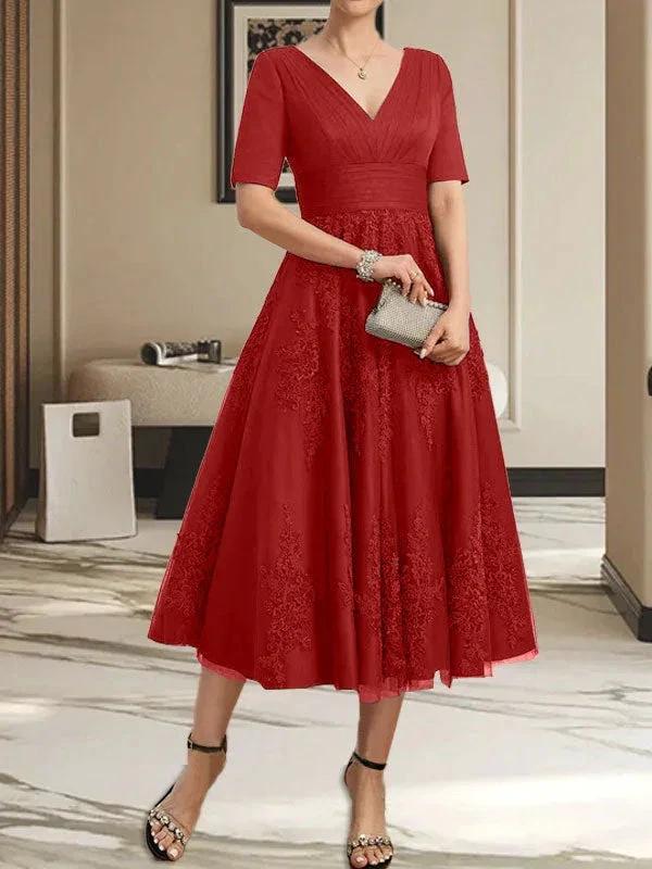 A-line V-Neck Tea-Length Tulle Lace Mother of the Bride Dress With Pleated - Image 11