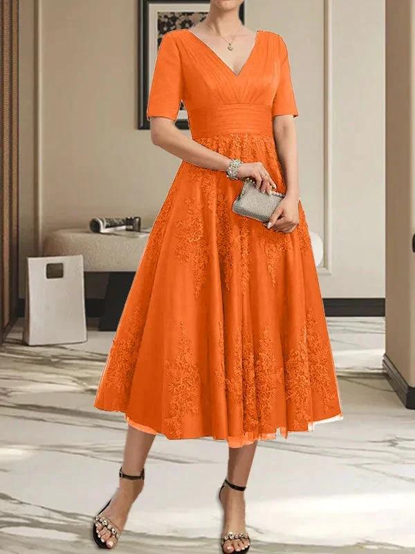 A-line V-Neck Tea-Length Tulle Lace Mother of the Bride Dress With Pleated - Image 12
