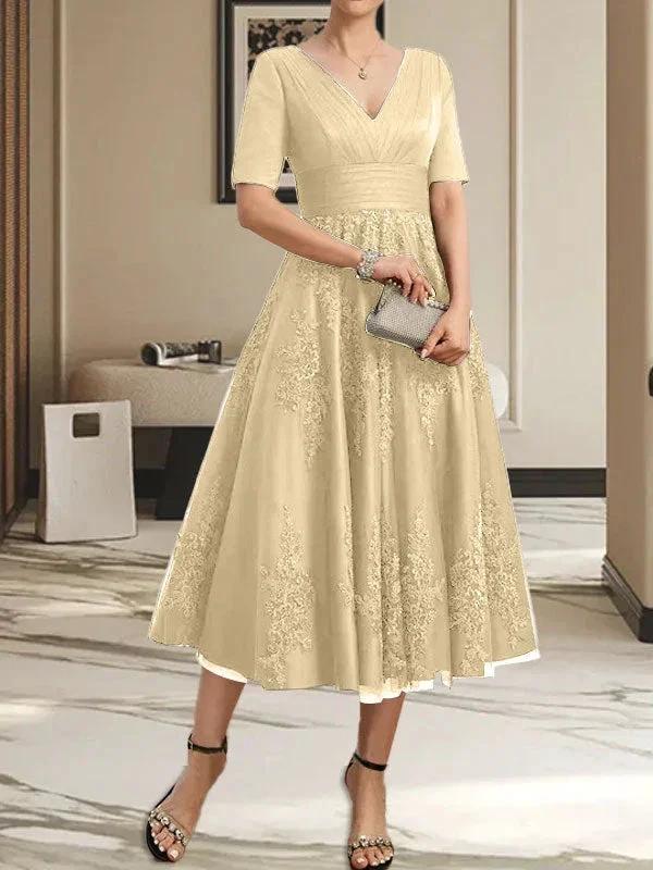 A-line V-Neck Tea-Length Tulle Lace Mother of the Bride Dress With Pleated - Image 13