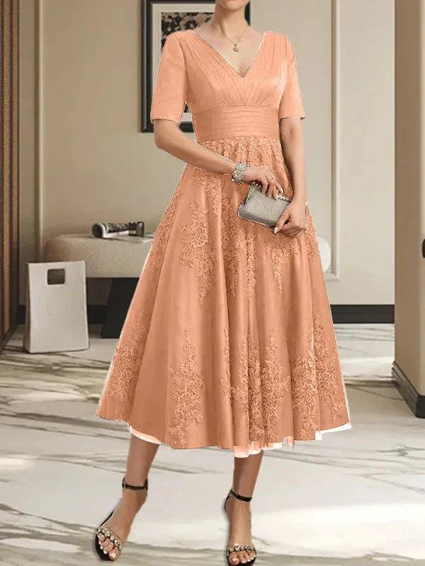 A-line V-Neck Tea-Length Tulle Lace Mother of the Bride Dress With Pleated - Image 14