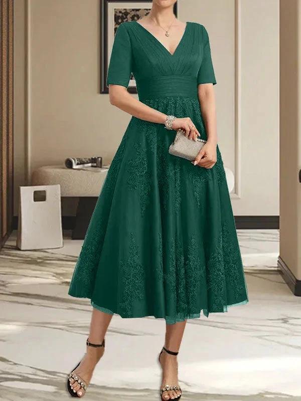 A-line V-Neck Tea-Length Tulle Lace Mother of the Bride Dress With Pleated - Image 15