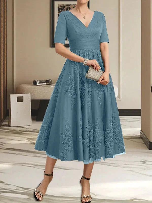 A-line V-Neck Tea-Length Tulle Lace Mother of the Bride Dress With Pleated - Image 16