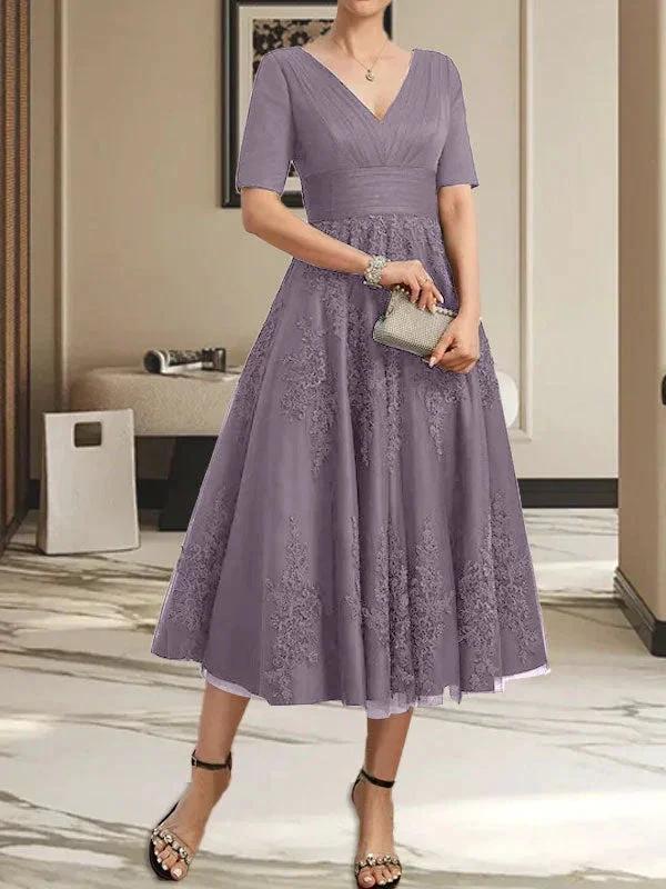 A-line V-Neck Tea-Length Tulle Lace Mother of the Bride Dress With Pleated - Image 17