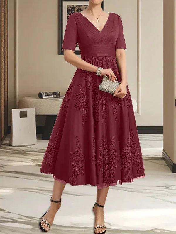 A-line V-Neck Tea-Length Tulle Lace Mother of the Bride Dress With Pleated - Image 18