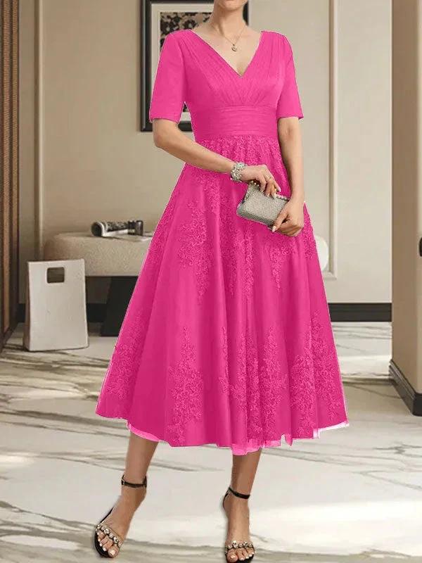 A-line V-Neck Tea-Length Tulle Lace Mother of the Bride Dress With Pleated - Image 19
