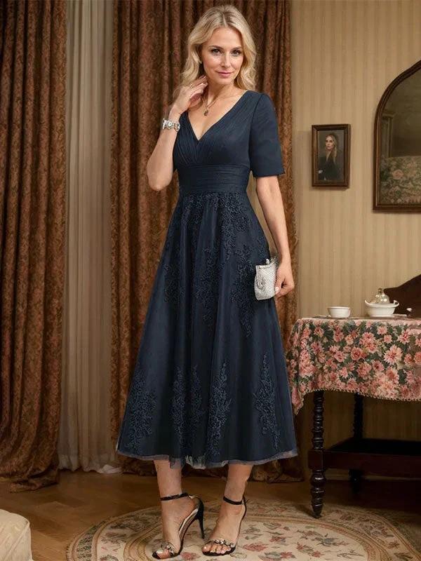 A-line V-Neck Tea-Length Tulle Lace Mother of the Bride Dress With Pleated - Image 2
