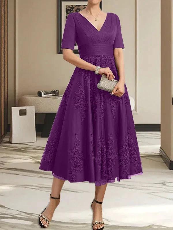 A-line V-Neck Tea-Length Tulle Lace Mother of the Bride Dress With Pleated - Image 20