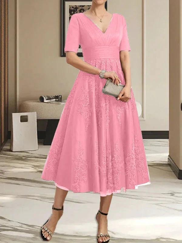 A-line V-Neck Tea-Length Tulle Lace Mother of the Bride Dress With Pleated - Image 21