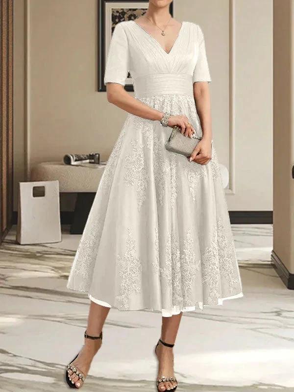 A-line V-Neck Tea-Length Tulle Lace Mother of the Bride Dress With Pleated - Image 22