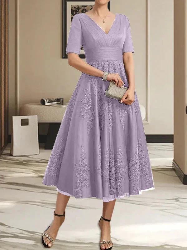 A-line V-Neck Tea-Length Tulle Lace Mother of the Bride Dress With Pleated - Image 23