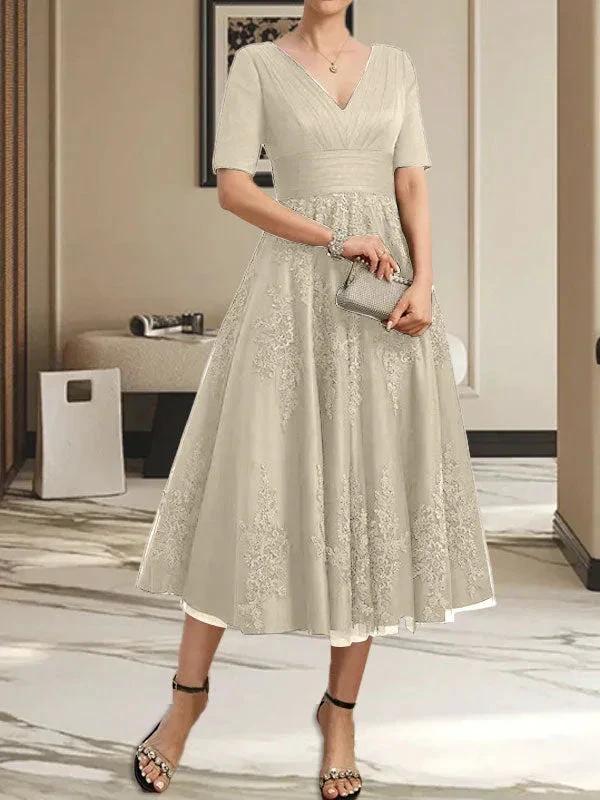 A-line V-Neck Tea-Length Tulle Lace Mother of the Bride Dress With Pleated - Image 24