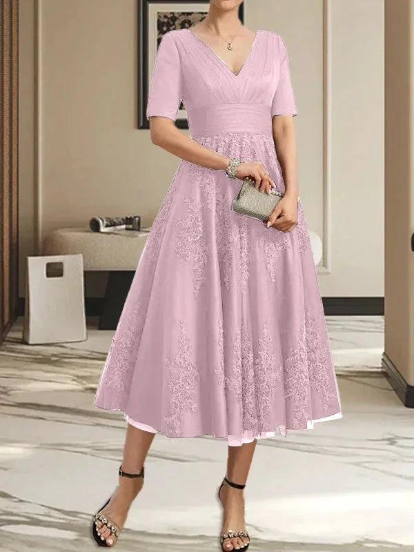 A-line V-Neck Tea-Length Tulle Lace Mother of the Bride Dress With Pleated - Image 25