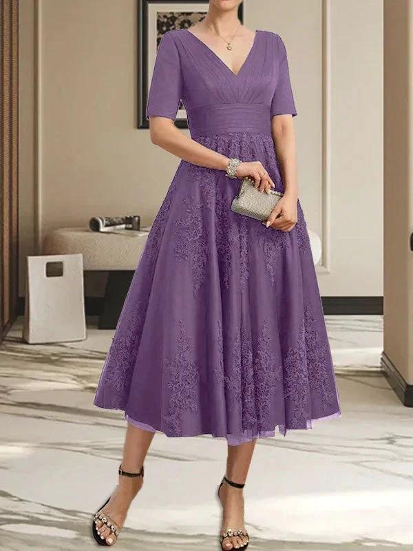 A-line V-Neck Tea-Length Tulle Lace Mother of the Bride Dress With Pleated - Image 26