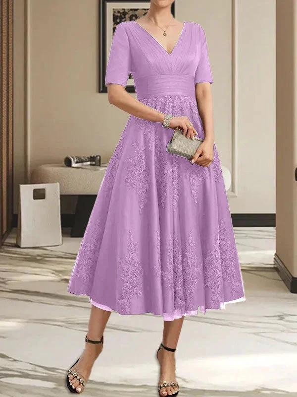 A-line V-Neck Tea-Length Tulle Lace Mother of the Bride Dress With Pleated - Image 27