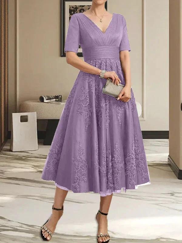 A-line V-Neck Tea-Length Tulle Lace Mother of the Bride Dress With Pleated - Image 28