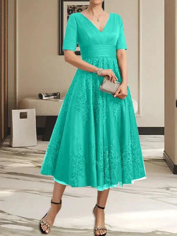 A-line V-Neck Tea-Length Tulle Lace Mother of the Bride Dress With Pleated - Image 29