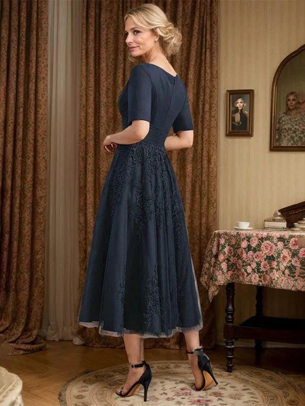 A-line V-Neck Tea-Length Tulle Lace Mother of the Bride Dress With Pleated - Image 3
