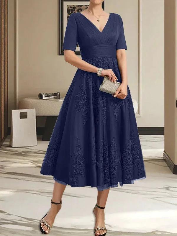 A-line V-Neck Tea-Length Tulle Lace Mother of the Bride Dress With Pleated - Image 30