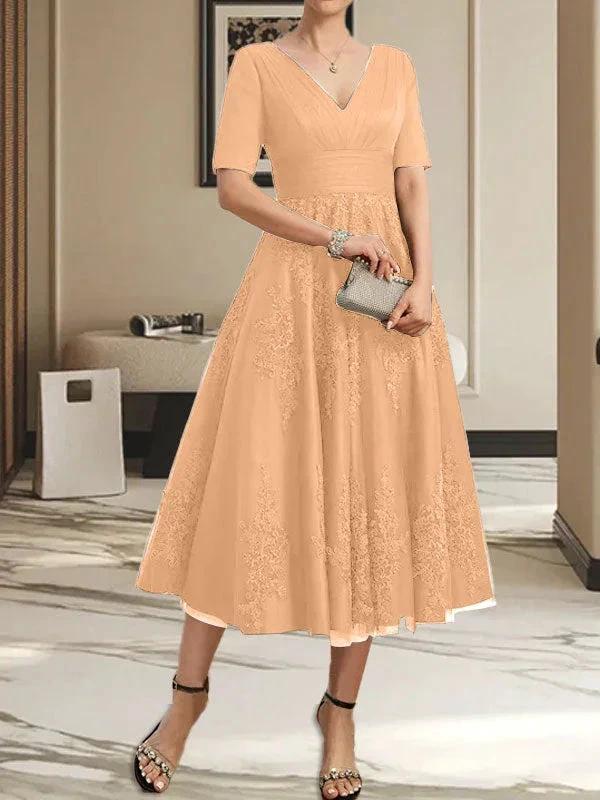 A-line V-Neck Tea-Length Tulle Lace Mother of the Bride Dress With Pleated - Image 31