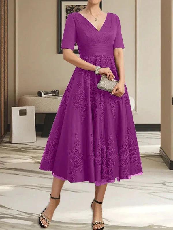 A-line V-Neck Tea-Length Tulle Lace Mother of the Bride Dress With Pleated - Image 32