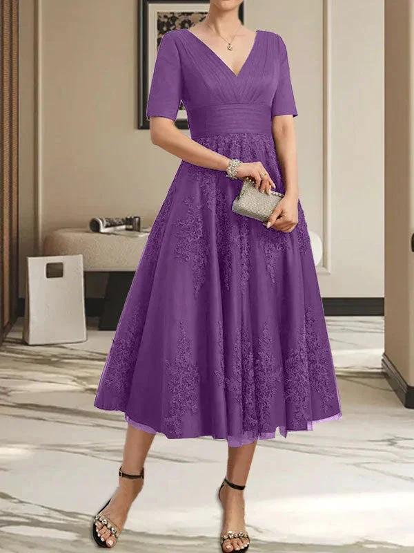 A-line V-Neck Tea-Length Tulle Lace Mother of the Bride Dress With Pleated - Image 33