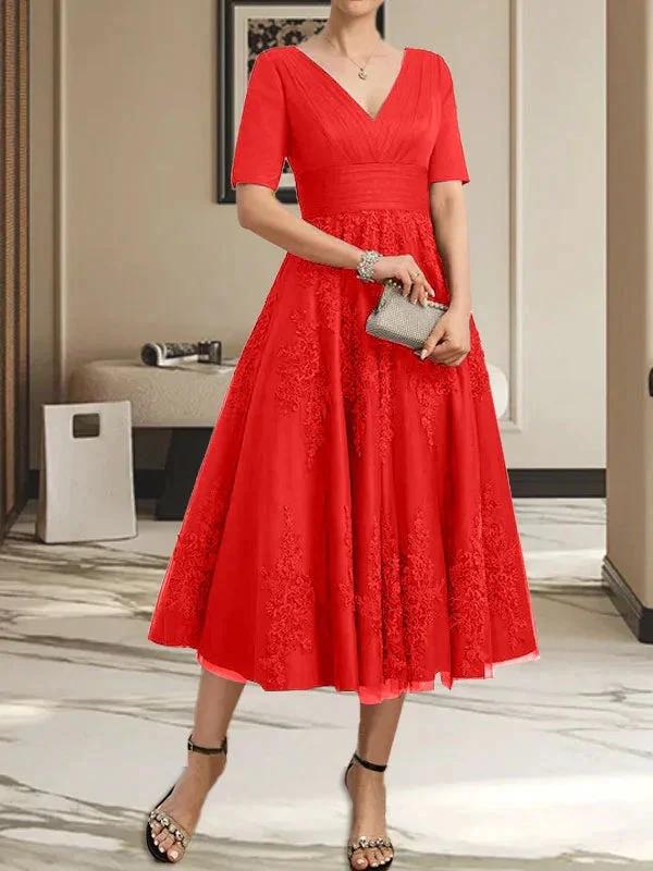 A-line V-Neck Tea-Length Tulle Lace Mother of the Bride Dress With Pleated - Image 34
