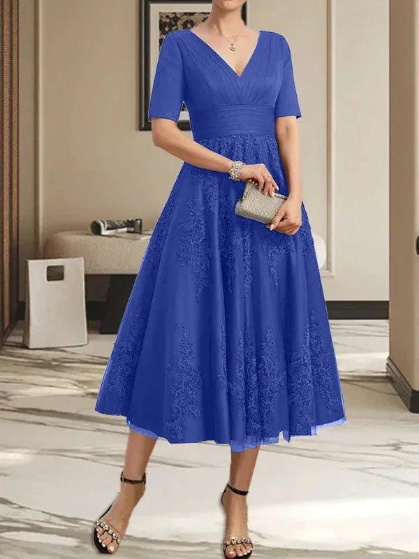 A-line V-Neck Tea-Length Tulle Lace Mother of the Bride Dress With Pleated - Image 35