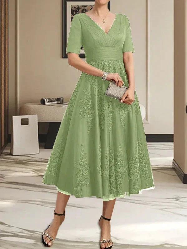 A-line V-Neck Tea-Length Tulle Lace Mother of the Bride Dress With Pleated - Image 36