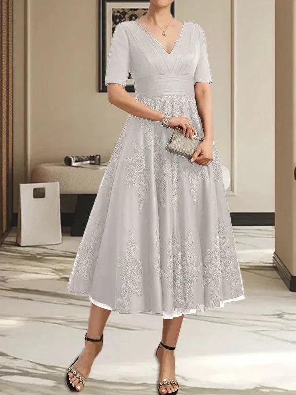 A-line V-Neck Tea-Length Tulle Lace Mother of the Bride Dress With Pleated - Image 37