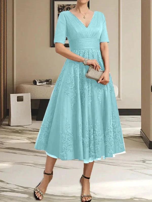 A-line V-Neck Tea-Length Tulle Lace Mother of the Bride Dress With Pleated - Image 38