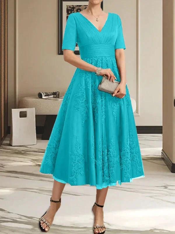 A-line V-Neck Tea-Length Tulle Lace Mother of the Bride Dress With Pleated - Image 39