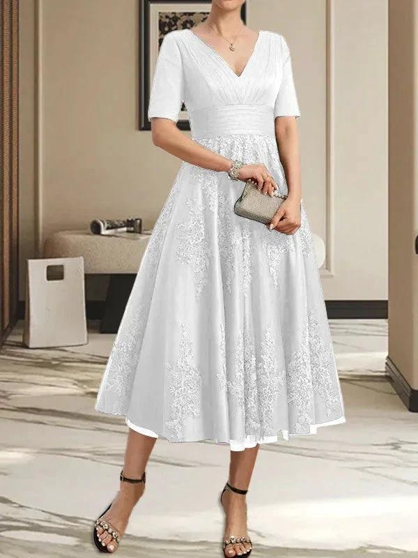 A-line V-Neck Tea-Length Tulle Lace Mother of the Bride Dress With Pleated - Image 40