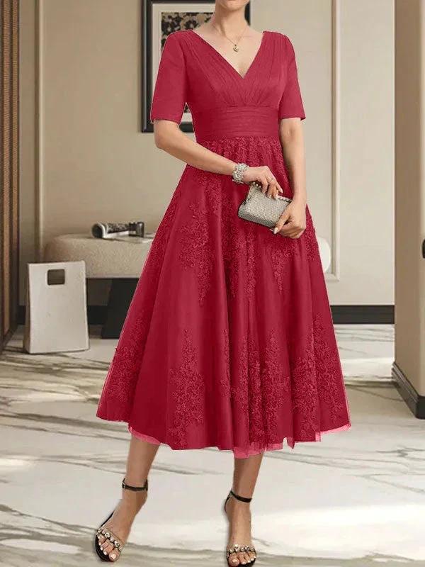 A-line V-Neck Tea-Length Tulle Lace Mother of the Bride Dress With Pleated - Image 41