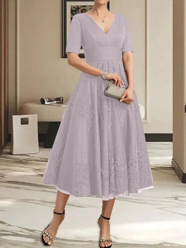 A-line V-Neck Tea-Length Tulle Lace Mother of the Bride Dress With Pleated - Image 42