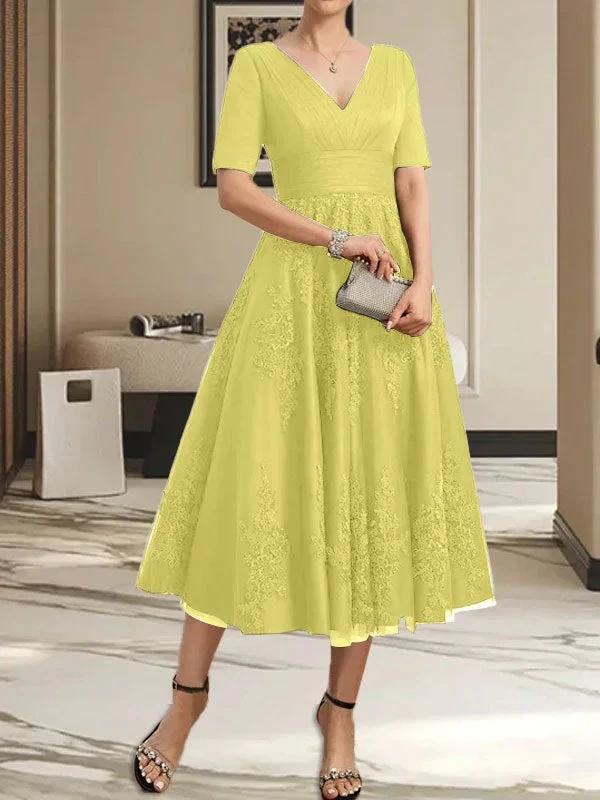 A-line V-Neck Tea-Length Tulle Lace Mother of the Bride Dress With Pleated - Image 43