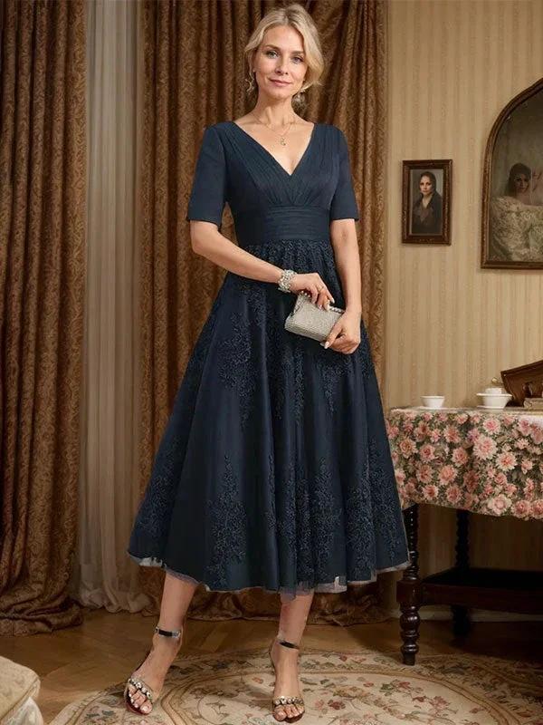 A-line V-Neck Tea-Length Tulle Lace Mother of the Bride Dress With Pleated - Image 5