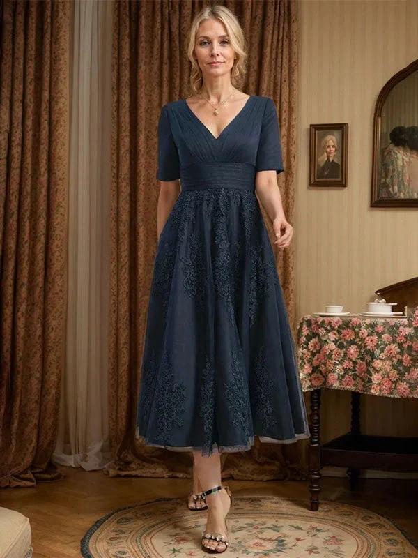 A-line V-Neck Tea-Length Tulle Lace Mother of the Bride Dress With Pleated - Image 6