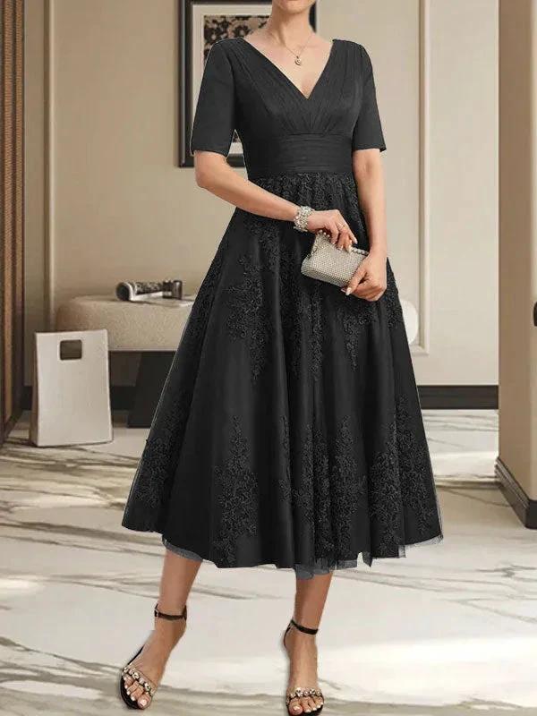 A-line V-Neck Tea-Length Tulle Lace Mother of the Bride Dress With Pleated - Image 8