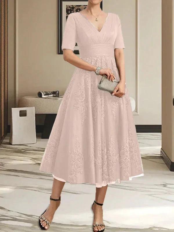 A-line V-Neck Tea-Length Tulle Lace Mother of the Bride Dress With Pleated - Image 9