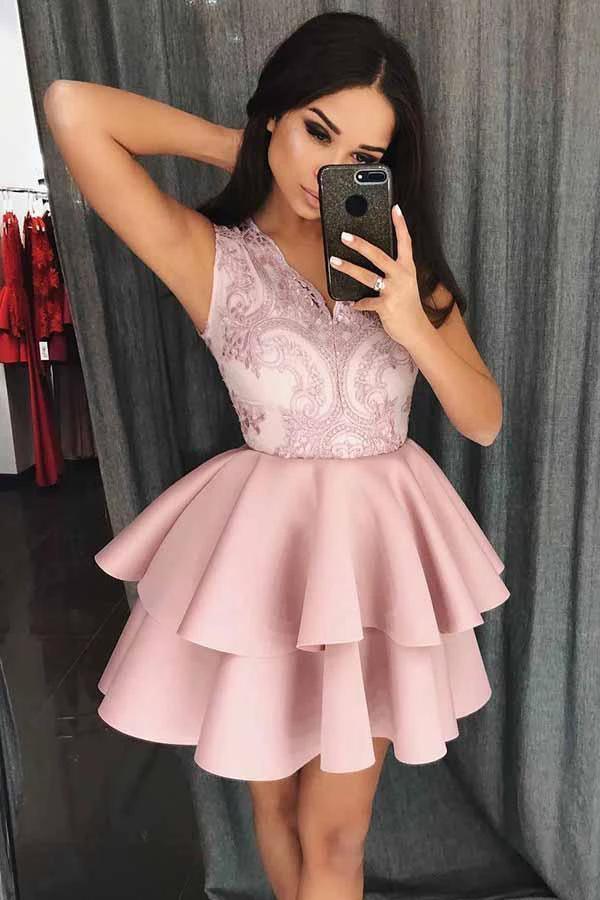 A-Line V-Neck Tiered Satin Homecoming Prom Dress with Appliques PD077 - Image 2