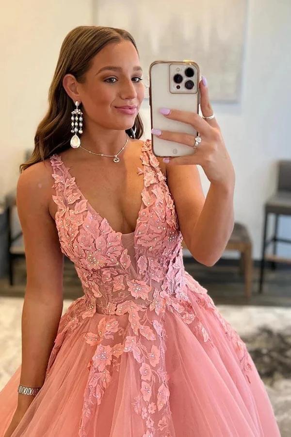 A-Line V Neck Tulle Appliques Blush Pink Prom Dress with Slit PSK472 - Image 2