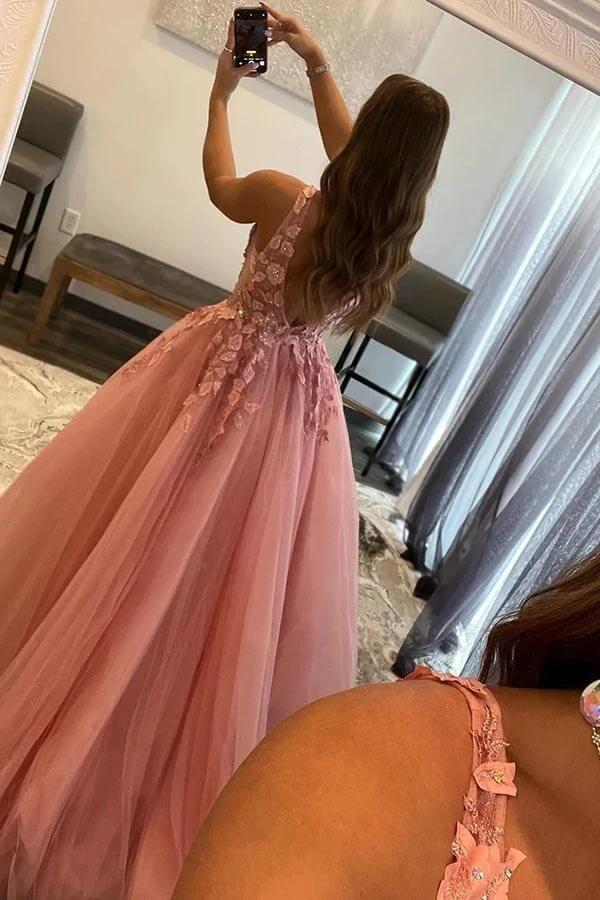 A-Line V Neck Tulle Appliques Blush Pink Prom Dress with Slit PSK472 - Image 3