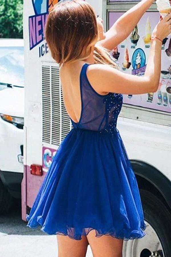 A Line V Neck Tulle Beaded Royal Blue Homecoming Dresses with Appliques  PD261 - Image 2