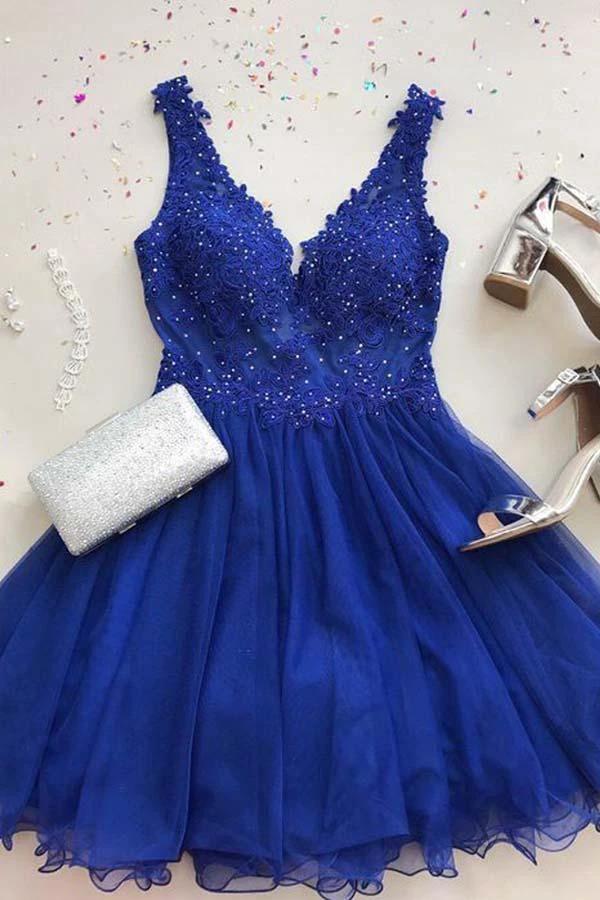 A Line V Neck Tulle Beaded Royal Blue Homecoming Dresses with Appliques  PD261 - Image 3