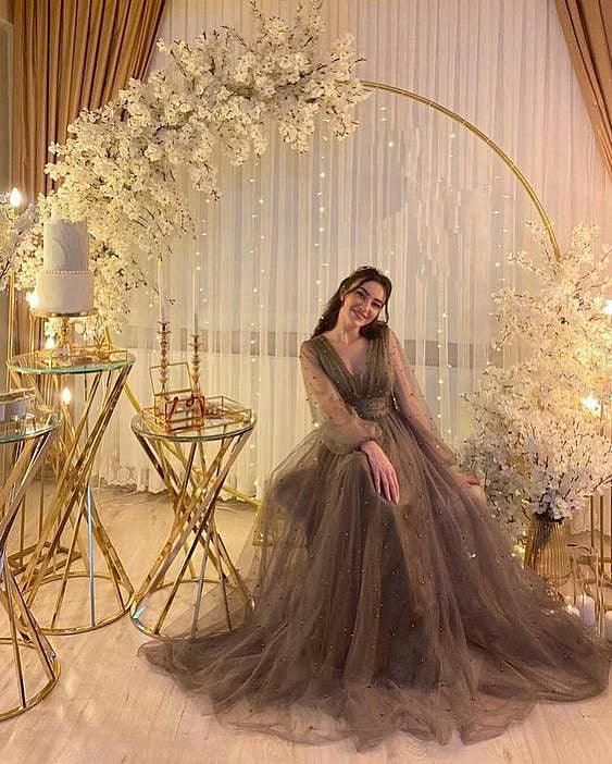 A-line V-neck Tulle Illusion Evening Dress Sheer Long Sleeves Evening Gown Y1204 - Image 2
